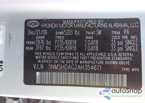 2010 Hyundai Santa Fe Se from USA, damaged, VIN 5NMSHDAG2AH354611